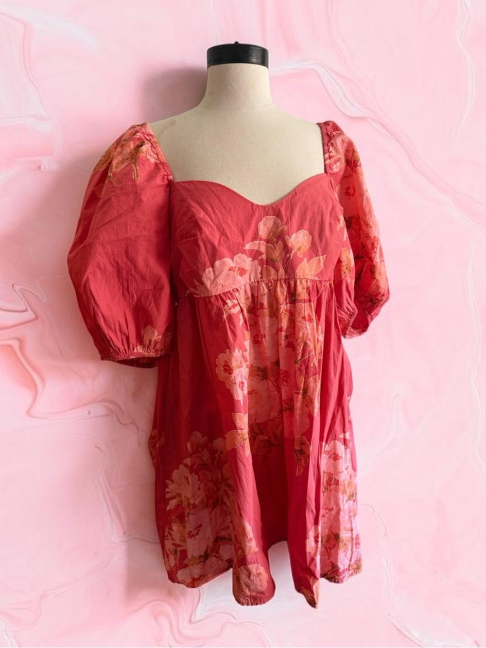 Free People Coral Floral Puff Sleeve Mini Dress